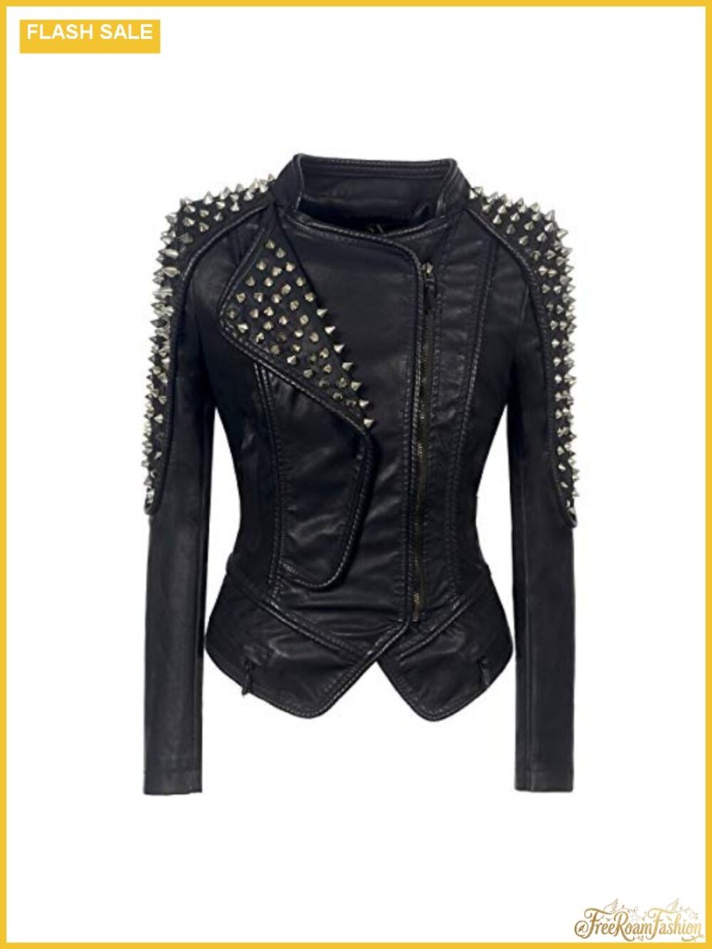 Faux Leather Moto Jacket Asymmetric Zip Studded Biker Coat